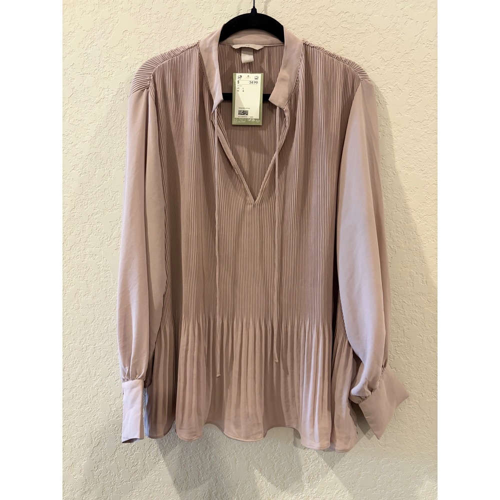 HM Womens Pleated Tie Neck Blouse Dusty Rose Long Sleeve Peplum Top Large NEW